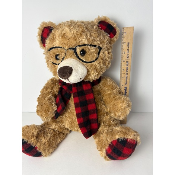 Holiday Home Tyler Bear Plush Embroidered Glasses Scarf Classic Buffalo Plaid - Picture 4 of 10